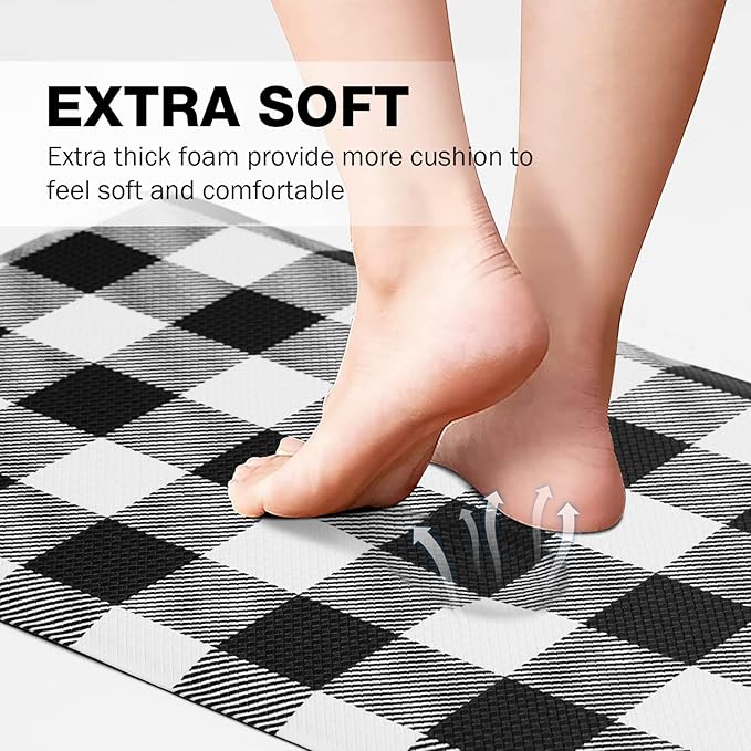 MAYHMYO Kitchen Mats Cushioned Anti Fatigue 0.47" Thick Black and White Buffalo Plaid Kitchen Rug Floor Mat Non Slip Waterproof Farmhouse Comfort Standing Mat for Home Office Sink