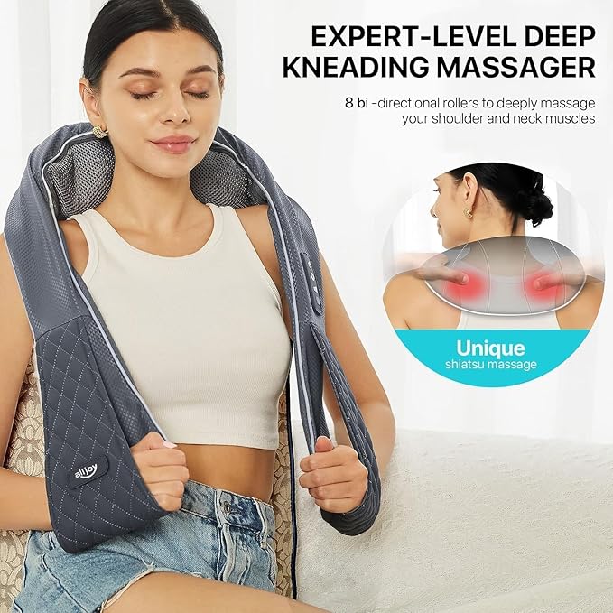 ALLJOY Cordless Shiatsu Neck Massager with Heat – Rechargeable Massager for Neck and Shoulder Pain with 8 Deep Kneading Nodes, Back Massager for Home Office Outdoor - Gifts for Mom Dad Men Women