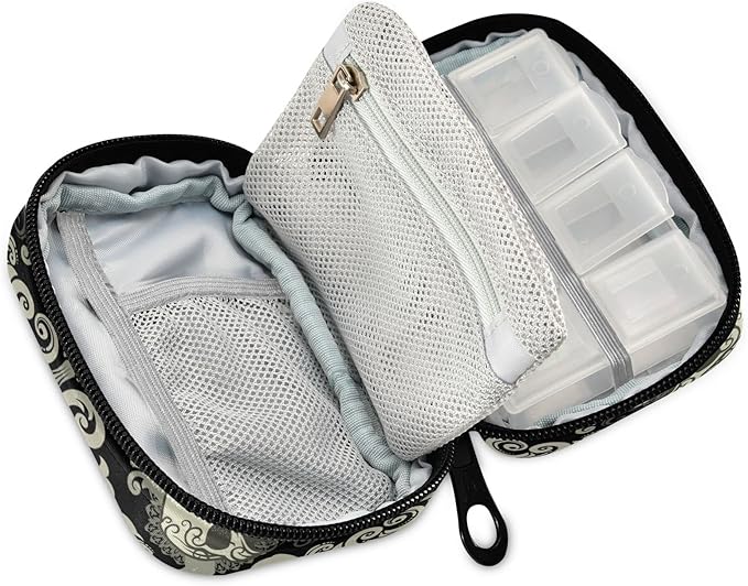 Pill Case Travel Vintage Pill Cases Bag Medicine Vitamin Container Pill Box Organizers Supplement Holder (Skull Damask)