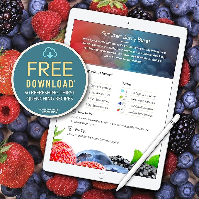 Infusion Pro 24 oz Fruit Infuser Water Bottle with Twist Cap Lid : Insulated Sleeve & Infused Water Recipe eBook : Bottom Loading Water Infuser for More Flavor : Unique Gift Idea (Blue Jade, 1-Pack)