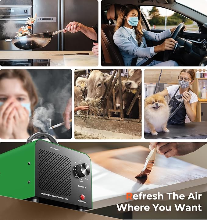 Ozone Generator, 48,000mg/h High Capacity O3 Machine for Large Spaces Up to 4,000 Sq Ft, Portable Odor Eliminator for Car, Home, Basement, Smoke, Pets, and Commercial Use, Green