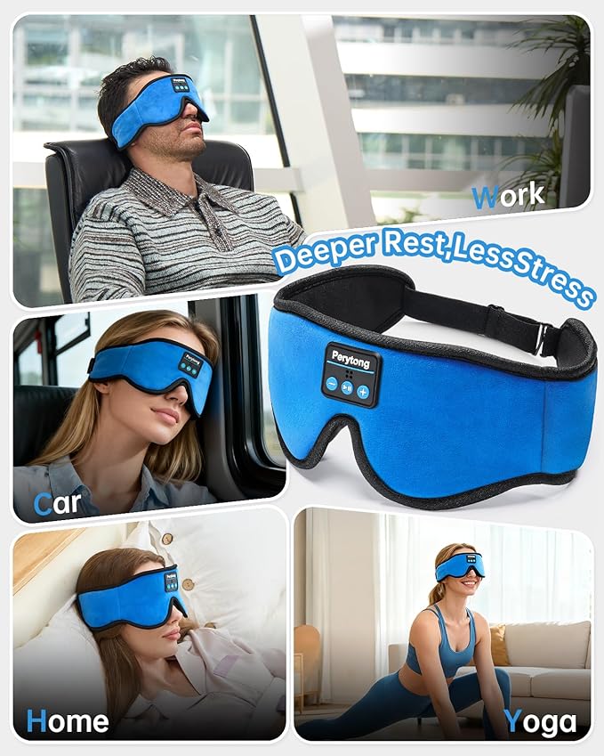 Sleep Mask with Bluetooth 5.4 Headphones, Wireless Music Sleep Eye Mask for Side Sleepers, 3D Contoured Comfort & Built-in HD Stereo Earphones, Blackout for Travel (Bright Blue)