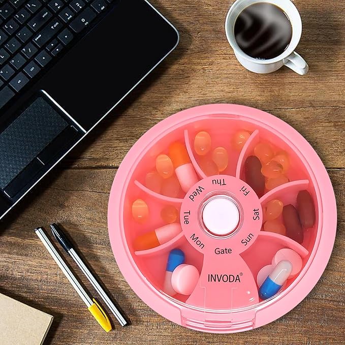 INVODA Weekly Pill Organizer with 77 Pre-Cut Medication Labels – 7 Compartment Rotating Medicine Box Daily Pill Case for Vitamins, Fish Oil & Prescriptions – BPA-Free Plastic – Compact Travel Size