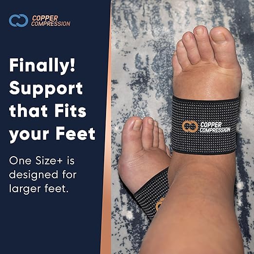 Copper Compression Large Sized Arch Support Sleeves. Targeted Compression for Plantar Fasciitis Symptoms, Pain, Flat Feet & High Arches. Breathable Support for Men & Women - Black
