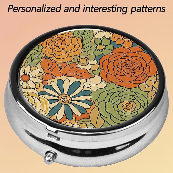 Round Pill Case Small Pill Box with Mirror Pocket 3 Compartment Vitamin Pill Medicine Case Organizer Pill Containers for Traveling Vintage Flower One