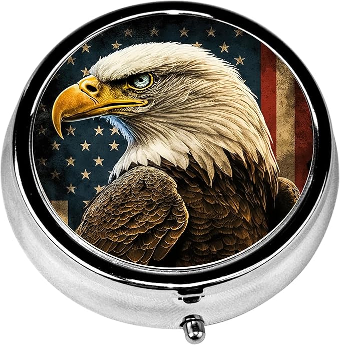 Pill Box, 3 Compartments Small Pill Case Travel Portable Metal Medicine Box with Mirror Mini Container for Purse Pocket Women Men(Eagle USA Flag)