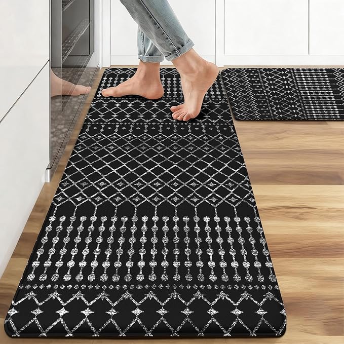 Anti Fatigue Kitchen Rugs Set of 2, Boho Kitchen Mats for Floor, Boho Kitchen Decor, Anti-Slip and Anti-Fatigue Foam Standing Mat,17x30 inch Sink Mat+17x48 inch Runner Rug Black