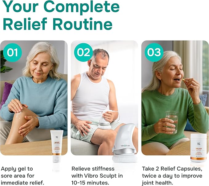 Vibro Sculpt Relief Bundle – Handheld Massager for Muscle & Joint Comfort with Relief Gel & Capsules, At-Home Massage Device for Full-Body Relaxation & Daily Wellness Support