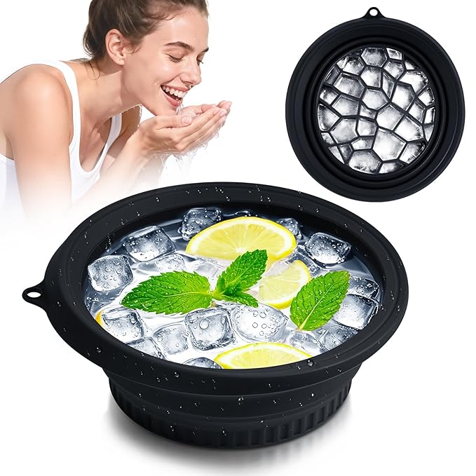 Portable Facial Ice Bath Bowl - Foldable Silicone Bowl with Built-In Ice Tray for Skincare, Suitable for Skin Facial Icebath at Home (Black)