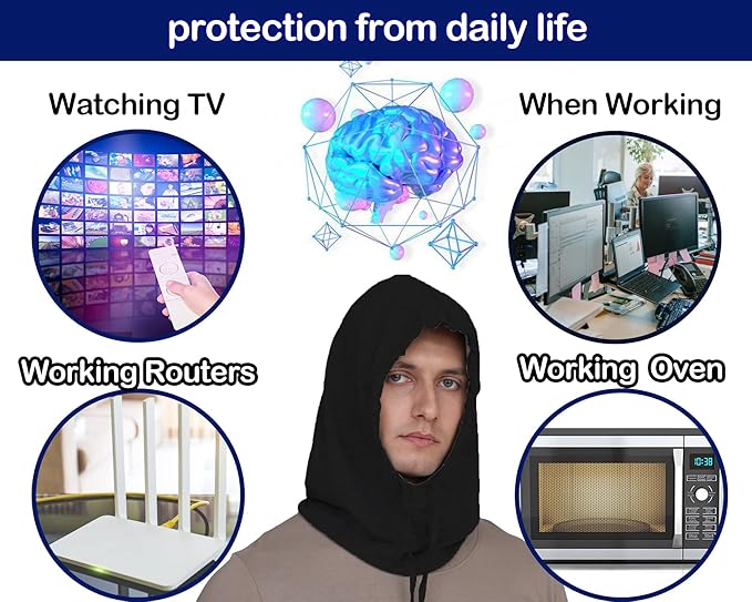 Faraday Hat RF Shielding Hood, Blocks 99% of 5G, WiFi, Cellular Reduction Silver Fabric Cap, Adjustable for Head & Neck Coverage (Black)