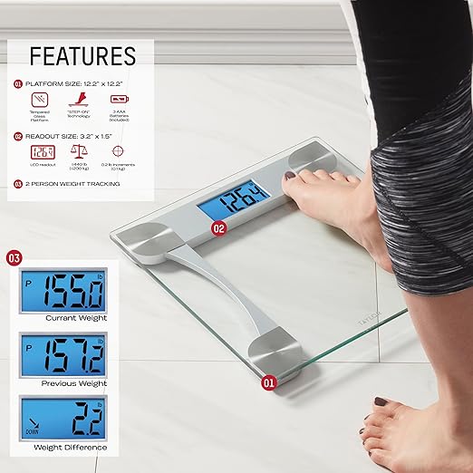 Taylor Digital Bathroom Scale for Body Weight, Large 12.2 Inch Glass Platform, Blue Backlit LCD Display, 440 lb Capacity, Weight Tracking for 2 Users, Clear