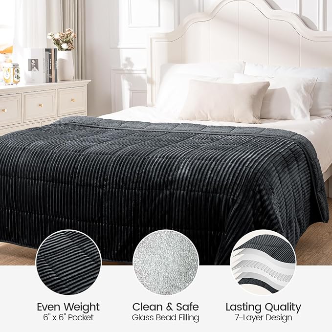 Sherpa Fleece Adult Weighted Blanket with Ribbed Stripes, 15 Pounds Dual Sided Soft Plush Blanket for Couch Bed Sofa, Heavy Thick Blankets with Glass Beads Great for Sleep, Dark Grey, 48" x 72"