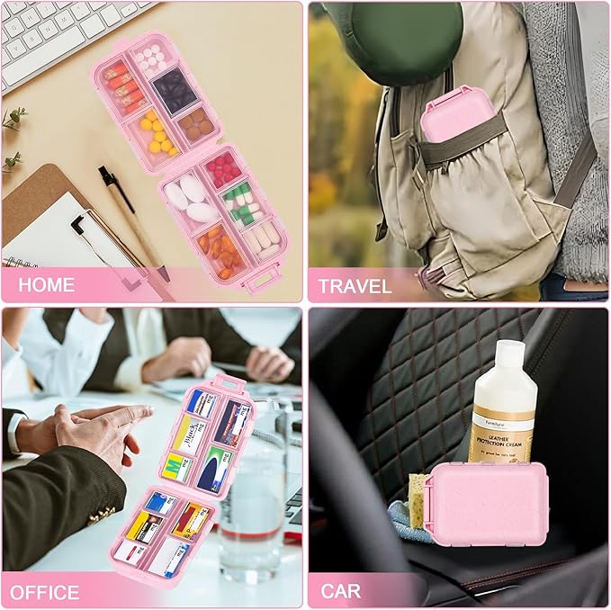 Large Travel Pill Organizer with Medicine Labels, Travel Pill Box Medicine Organizer Daily Pill Container 10 Compartments Purse Pill Case (Pink, 189 Lables)