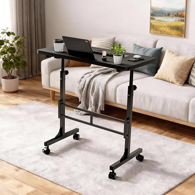Furmax Small Portable Standing Desk Adjustable Height, Mobile Stand Laptop Computer Workstation with Lockable Wheels for Walking Pad Treadmill (Black)