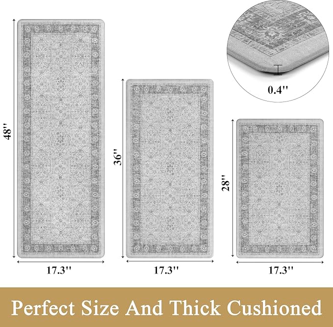Pauwer Anti Fatigue Kitchen Floor Mats Set of 3, PVC Foam Padded Kitchen Rugs, Non Slip Cushioned Comfort Standing Mat, Waterproof Sink Rug for Small Kitchen Area, Laundry Room, Light Grey