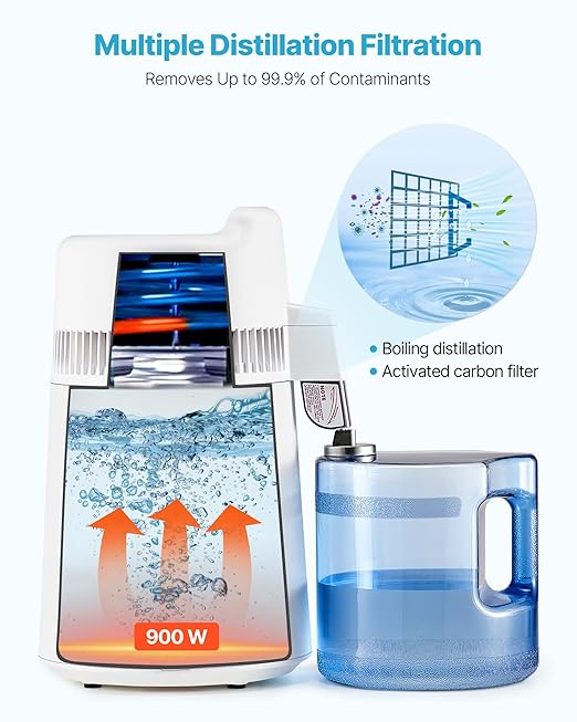 VEVOR Water Distiller, 6L/1.6 Gallon Large Distilled Machine, 900W Distilling Water Maker, 304 Stainless Steel Interior Stiller with Plastic Container, Countertop Distiller for Home, White