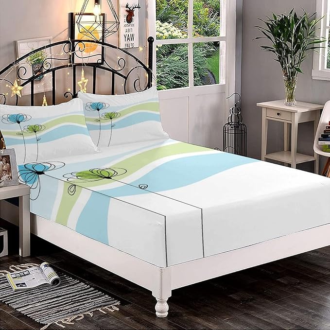Decorative Bedding Sheet Set Twin XL Size, Doodle Deep Pockets Fitted Sheet & 2 Pillow Sham Set, Summer Flowers with Cute Colors and Wave Backgorund Print Microfiber 3pc Bed Sheets Set