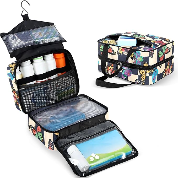 Fustylead Colorful Butterflies Print over Checkers Background Large Medical Supplies Organizer Bag with Zipper Empty First Aid Bag Trauma Kit for Traveling Hiking Camping