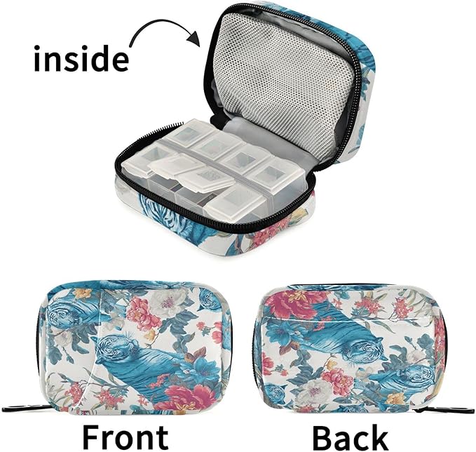Blue Tigers and Colorful Flowers Travel Pill Organizer Case Box Container Weekly Portable Vitamin Medicine Holder Storage Bag with Zipper Removable