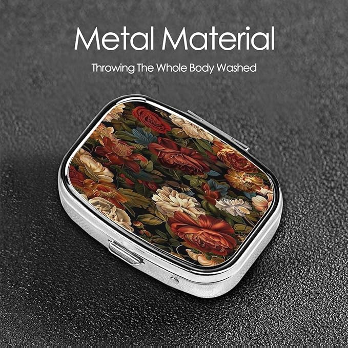 Boho Vintage Dark Flower Bloosom Rose Pattern Pill Case Pill Box Travel Pill Organizer Small Square Medicine Box for Purse & Pocket Gifts
