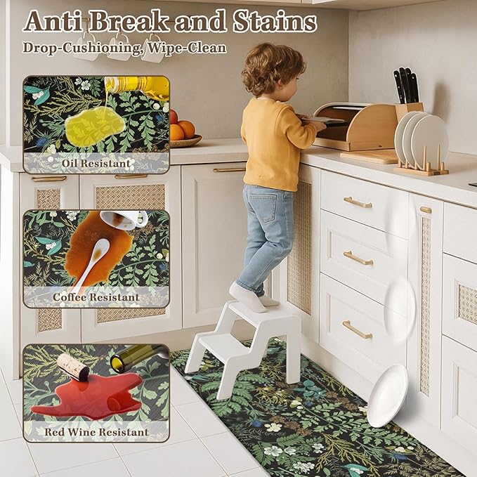 Arttown Kitchen Mats for Floor 2Pcs-Anti Fatigue Non Slip Mats for Kitchen Floor, Cushioned Waterproof & Stain-Resistant Plant Floral Mat Set, Laundry Room, Office, Sink, Desk (Green)