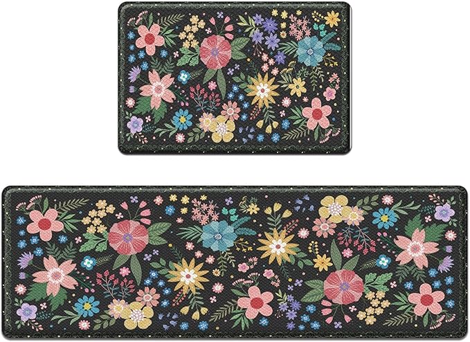 Arttown Flower Anti-Fatigue Kitchen Rug Set of 2 Floral Cushioned Floor Standing Mat Waterproof Non-Slip Mat and PVC Ergonomic Comfort Foam Rug
