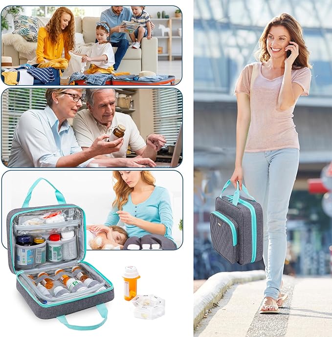 BAGSFY Medicine Bag for Traveling, Pill Bottle Organizer Storage, Large Medication Travel Case, Pills Box for Vitamin, First Aid Kit Bags Empty. (Comes with Weekly Pill Organizer)