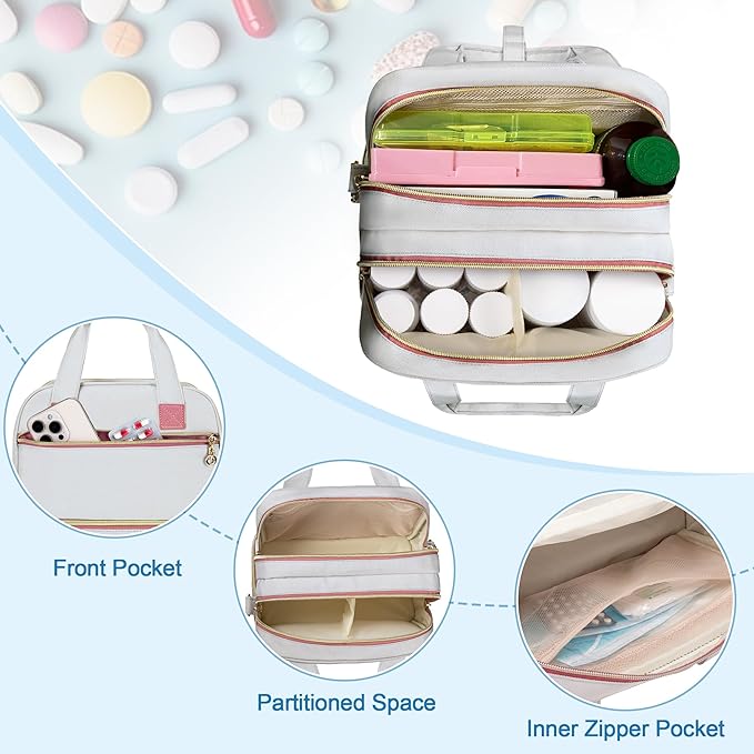 Damero Double Layers Pill Bottle Organizer, Medicine Storage Bag with Detachable Shoulder Strap, Medicine Travel Bag with Waterproof Mat for Large Prescription Bottles, Medical Supplements