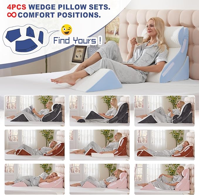 4PCS Wedge Pillow Set for Sleeping – Orthopedic Bed Pillow for Post Surgery, Adjustable Memory Foam Support for Sitting Up in Bed, Back Pain, GERD, Snoring Relief, White Blue