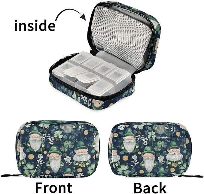 Fustylead St. Patrick's Cute Gnome and Gold Coin Travel Pill Organizer Bag with Zipper Small Pill Box 7 Day Pill Case for Purse Storage Weekly Vitamin Medicine Supplement