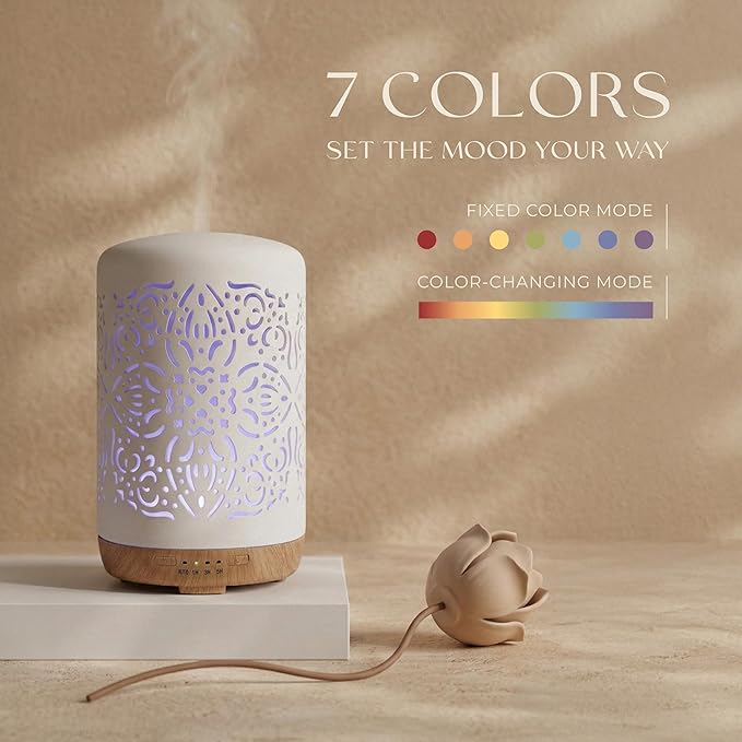 Earnest Living Essential Oil Diffuser White Ceramic Diffuser 250 ml Timers Night Lights and Auto Off Function Home Office Humidifier Aromatherapy Diffusers for Essential Oils