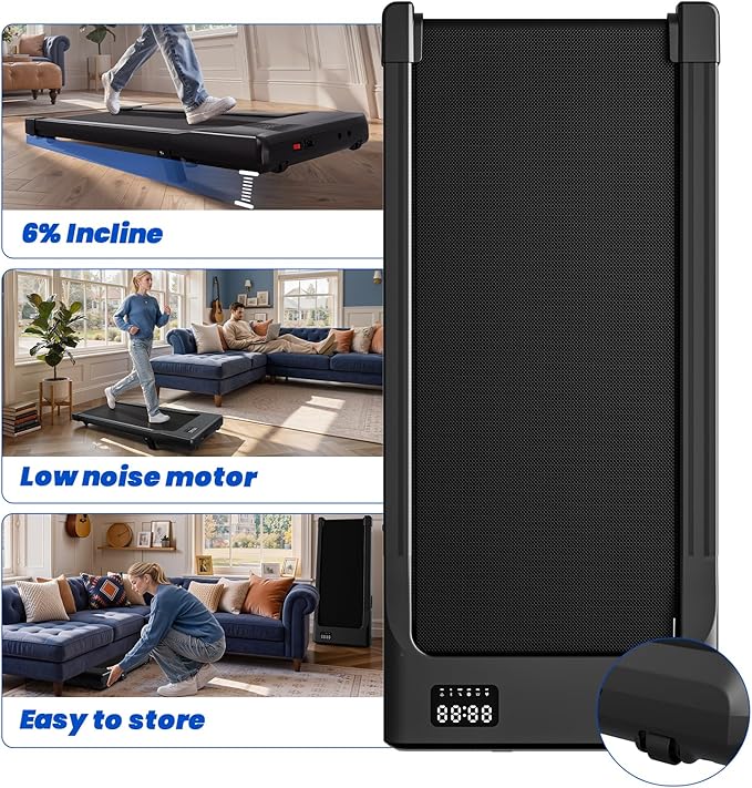 DeerRun Under Desk Walking Pad Treadmill for Home & Office, 6% Manual Incline, 2.5 HP, 0.6–3.8 MPH Walking Speed, 300 lb Capacity, App & Remote Control