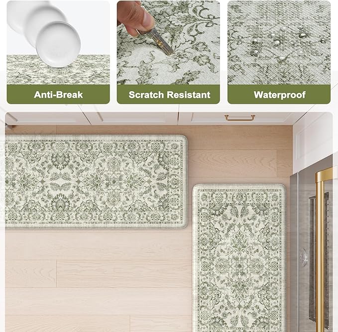 KIMODE Kitchen Mats Cushioned Anti Fatigue 2 PCS, Boho Kitchen Mats Stain Resistant, Standing Kitchen Runner Rug, Non Slip Waterproof Kitchen Sink Floor Mat, 17.3"x59"+17.3"x29", Green