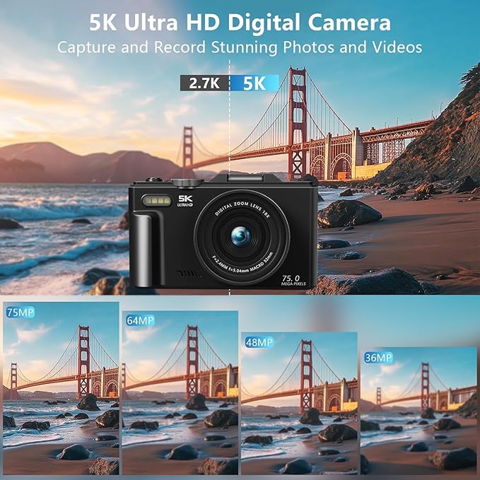4K/5K Digital Camera – 75MP UHD Vlogging Camera for Photography & Video, WiFi, Autofocus, 3" Flip Screen, 18X Zoom – Compact Starter Kit (Black)