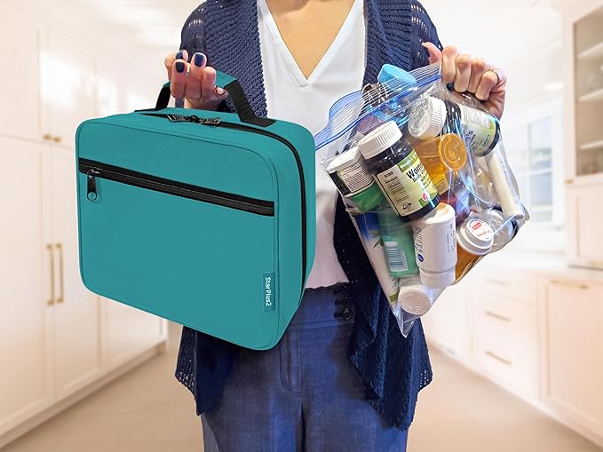 Large Pill Bottle Organizer - 10 Pockets Medicine Bag for Travel & Home Storage - Turquoise