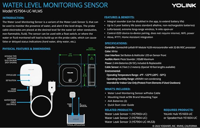 YoLink Water Leak Sensor 3, with Built-in Siren Up to 105dB, Compatible with Alexa and IFTTT - SpeakerHub Included