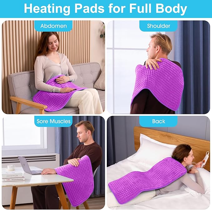 Boileau Electric Heating Pad for Back Pain and Period Cramps Relief, 17"x33" Extra Large XXXL, 3 Heating Levels Heat Pad with 2-Hour Auto Shut Off, Gifts for Women and Mom, Purple