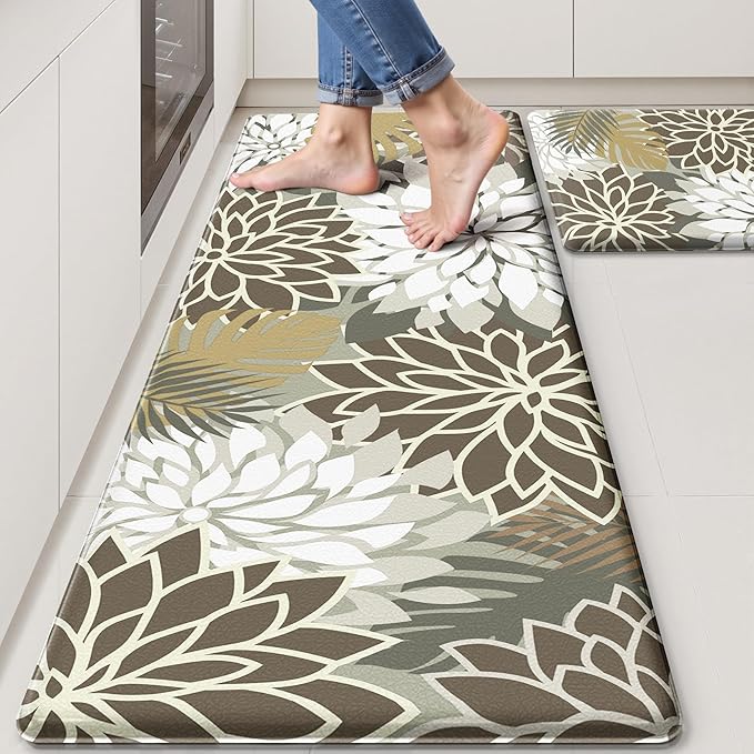 Kitchen Mats for Floor 2 Piece Cushioned Anti Fatigue Kitchen Mats Waterproof Non Slip Kitchen Mat Rug Set Comfort Foam Standing Mat for Sink, Laundry, Office, Brown White