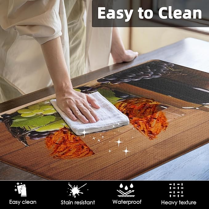 Anti-Fatigue Wine Kitchen Rug Set of 2 Cushioned Grape Mat for Floor, Vintage Standing Waterproof Non-Slip Rug PVC Ergonomic Comfort Foam Decor for Kitchen