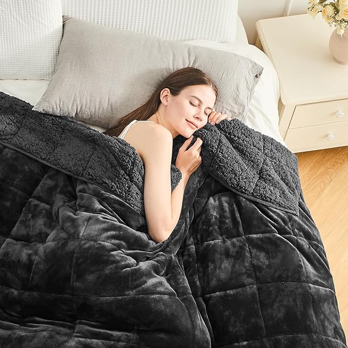 Cottonblue Weighted Blanket 15lbs 80x87 Inches for Queen King Size Bed, Ultra Soft Sherpa Fleece Weighted Throw Blankets for Relax and Sleep, Cozy Breathable Winter Heavy Bed Blanket, Black