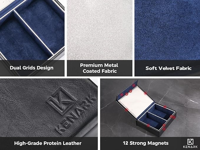 KK7 PLUS-DB Faraday Key Fob Protector Box with 2 Slots, RFID Signal Blocking Shielding Box for Car Keys, Anti-Theft Vintage Faraday Cage with High-Grade Protein Leather, Black & Blue - Size: XL