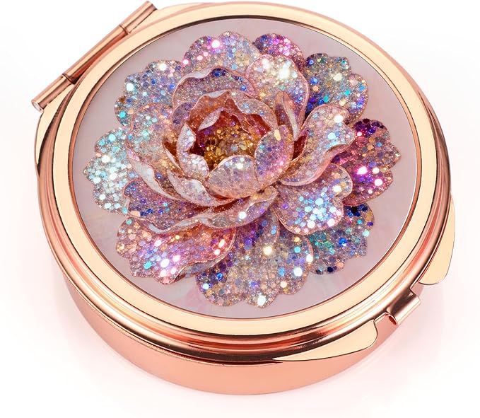 Dynippy Pill Case Pill Box with Mirror Pocket 3 Compartment Medicine Case Vitamin Pill Organizer for Pocket Purse and Travel (Round, Rose Gold-Glitter Rose)