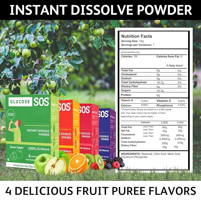 Glucose SOS Glucose Powder Packets with Natural Dextrose, Fast-Absorption That Instantly Dissolves in Your Mouth with No Water Needed, Kiwi Strawberry 6 Servings
