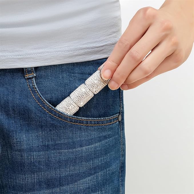 Bling Portable Pill Case with Keychain，Bling Rhinestone Small Fancy Pills Container Glitter Waterproof Holder Keychain for Women Aluminum Bottle Reusable for Outdoor Camping. (Silver)