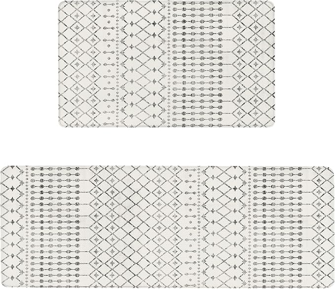 Anti Fatigue Kitchen Rugs Set of 2, Boho Kitchen Mats for Floor, Boho Kitchen Decor, Anti-Slip and Anti-Fatigue Foam Standing Mat,17x30 inch Sink Mat+17x47 inch Runner Rug White