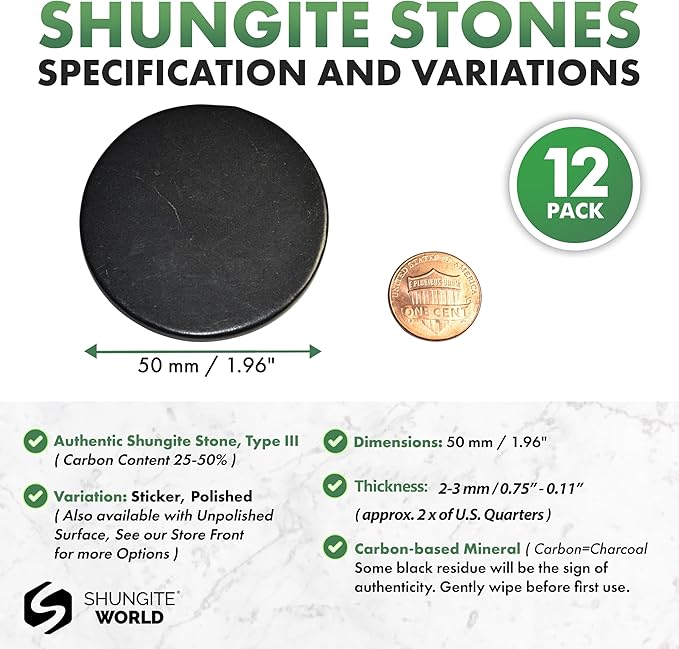 12 pcs Authentic Shungite Stickers Polished 50 mm / 1.96" Genuine Healing Energy Stone Protection Plate for Cell Phone Case Tablet Laptop Computer Noble Gemstone Protector Crystal
