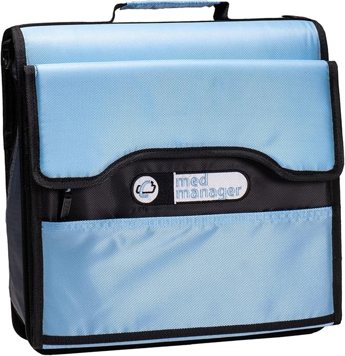 Med Manager Deluxe Medicine Organizer and Pill Case, Holds (15) Pill Bottles - (11) Standard Size and (4) Large Bottles, Light Blue, 13 inches x 13 inches x 4.5 inches