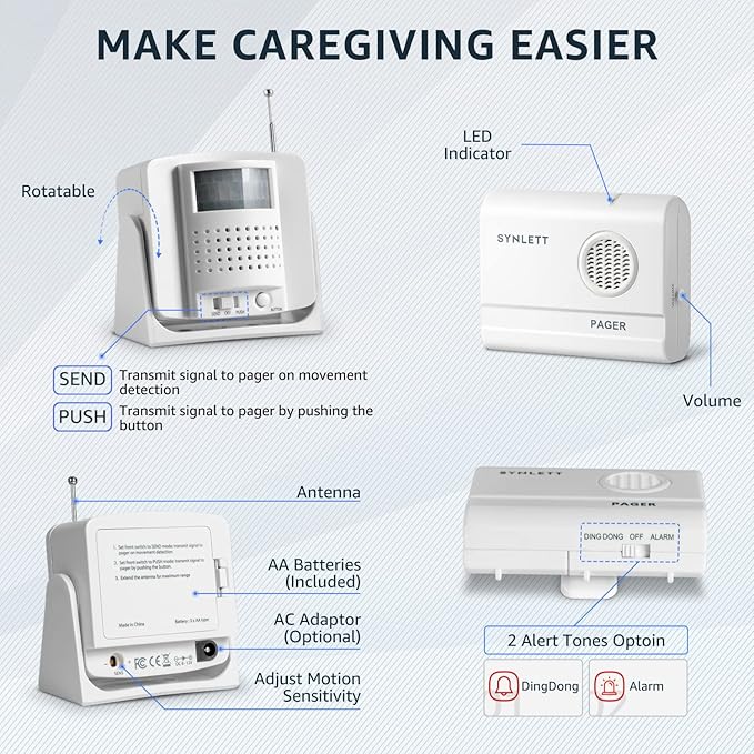 Caregiver Pager Wireless Call Buttons Motion Sensor Alarm Indoor for Elderly Monitoring Fall Prevention Bed Alarm Alert System Portable Nurse Call for Seniors Dementia Patients Emergency