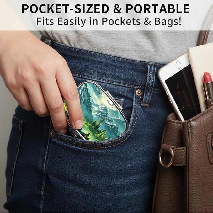 Square Pill Case Small Pill Box with Mirror Pocket 2 Compartment Vitamin Pill Medicine Case Organizer Pill Containers for Traveling Coniferous Forest Mountain Range