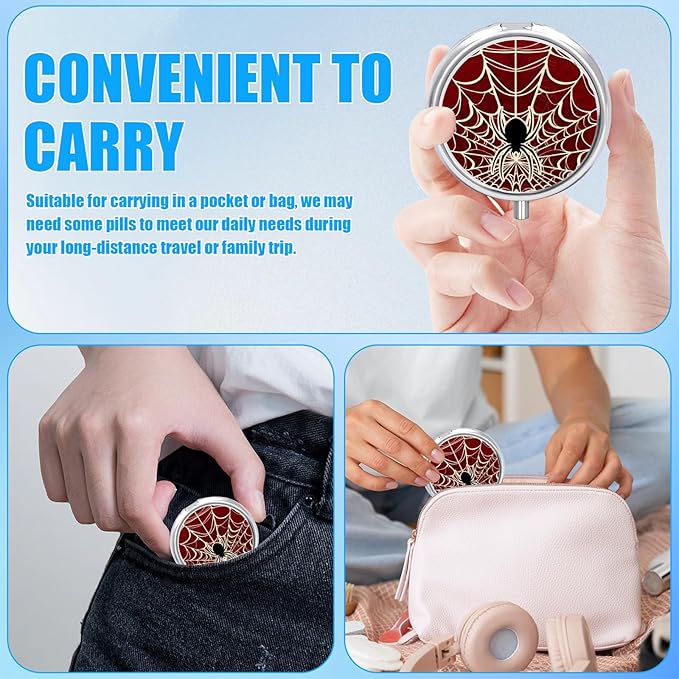 Red Spider Web Pill Case, Pill Box 3 Compartments Metal Small Pill Holder with Mirror Mini Travel Pill Container for Purse Pocket Women Men